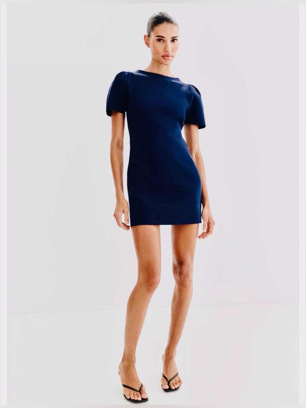 ZARA knit puff sleeve NICE HEAVY knit mini dress SZ S ink blue NWOT
